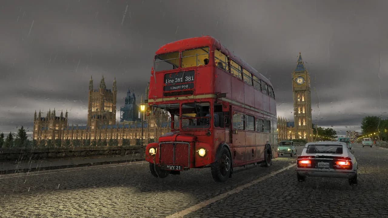 Autocarro vermelho de dois andares em Londres, com o Big Ben ao fundo