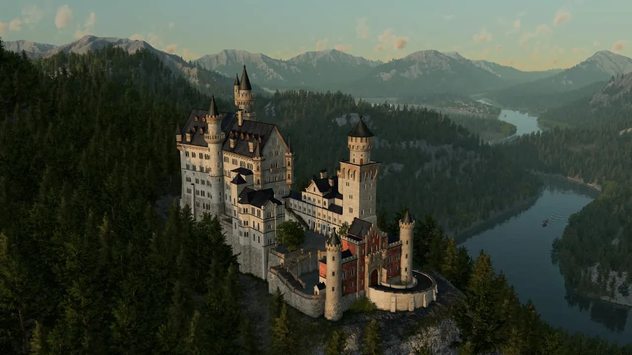 Castelo num monte sobre um vale com rio e montanhas