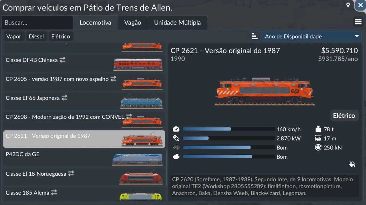 Loja de locomotivas do Transport Fever 3 com a CP 2621 selecionada: 160 km/h, 2870 kW, 78 t