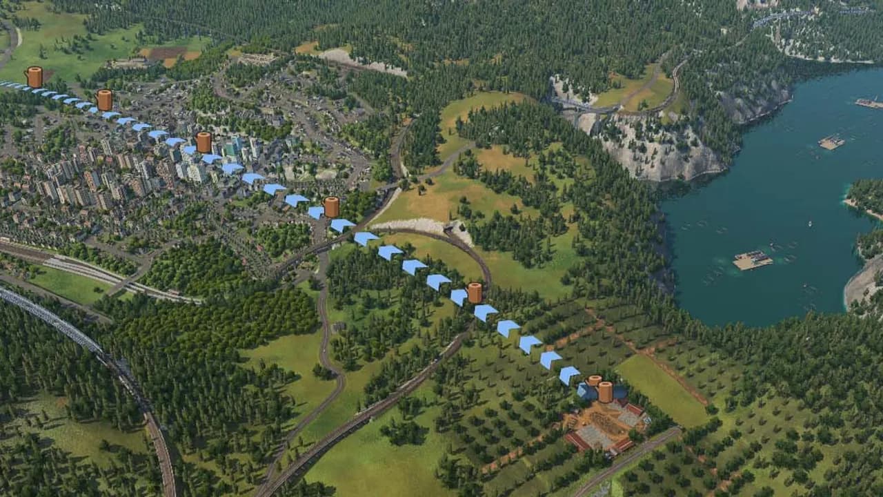 Vista aérea com a camada de fluxo de carga ligando cidades e indústrias