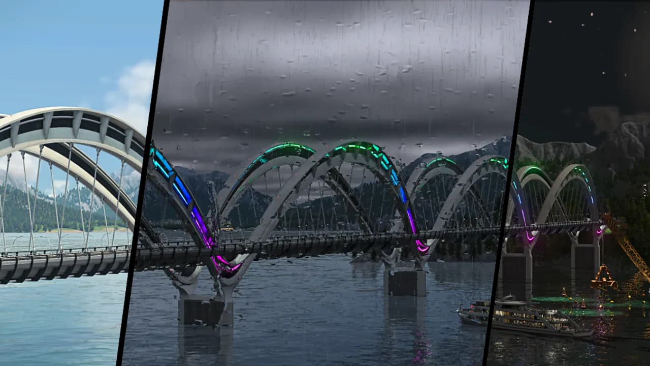 A mesma ponte em arco com sol, com chuva e à noite