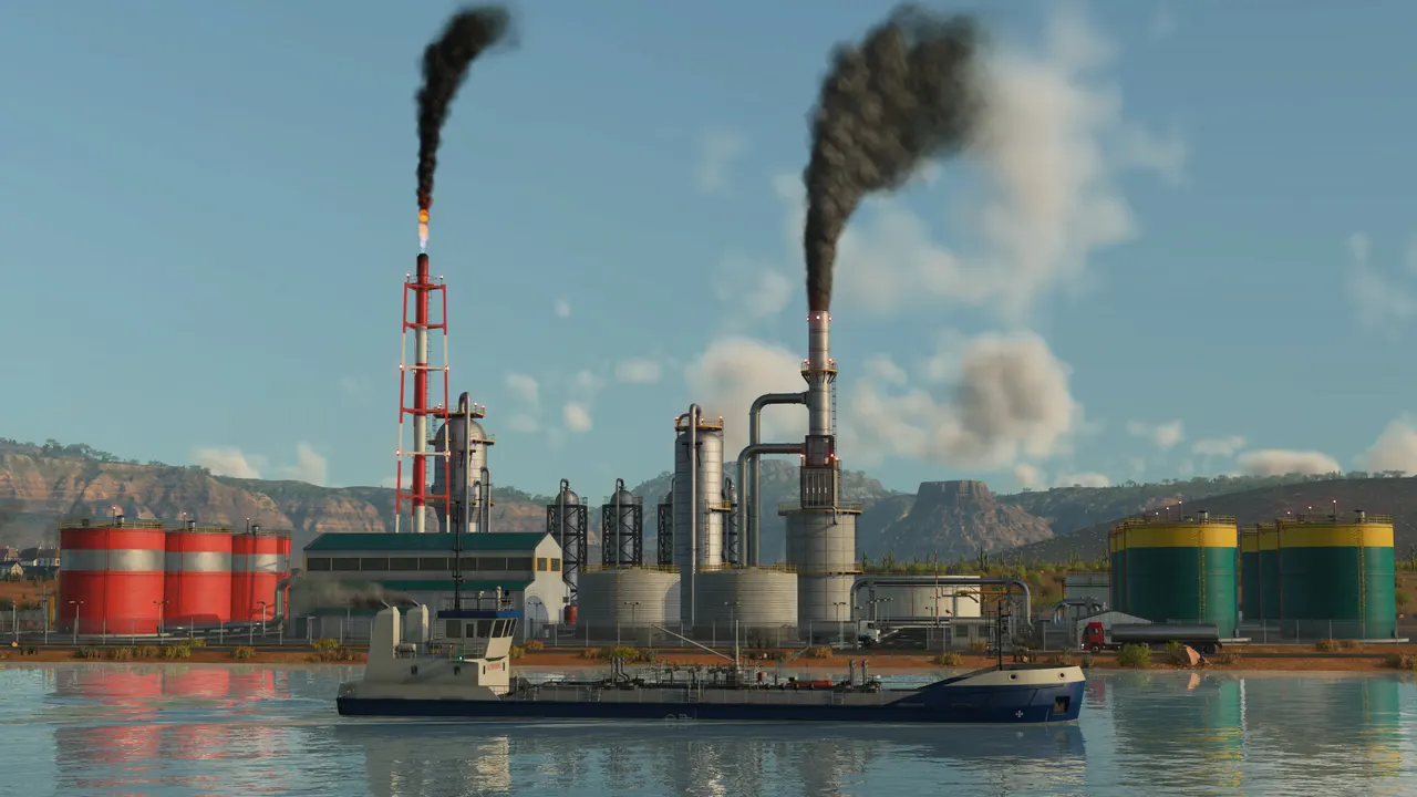 Refinaria de petróleo junto à água, com um petroleiro atracado