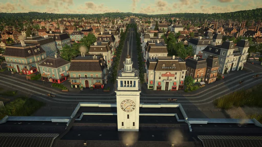 Cidade com uma estação de torre de relógio em primeiro plano