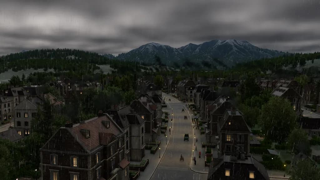 Cidade à noite com chuva e montanhas com neve ao fundo