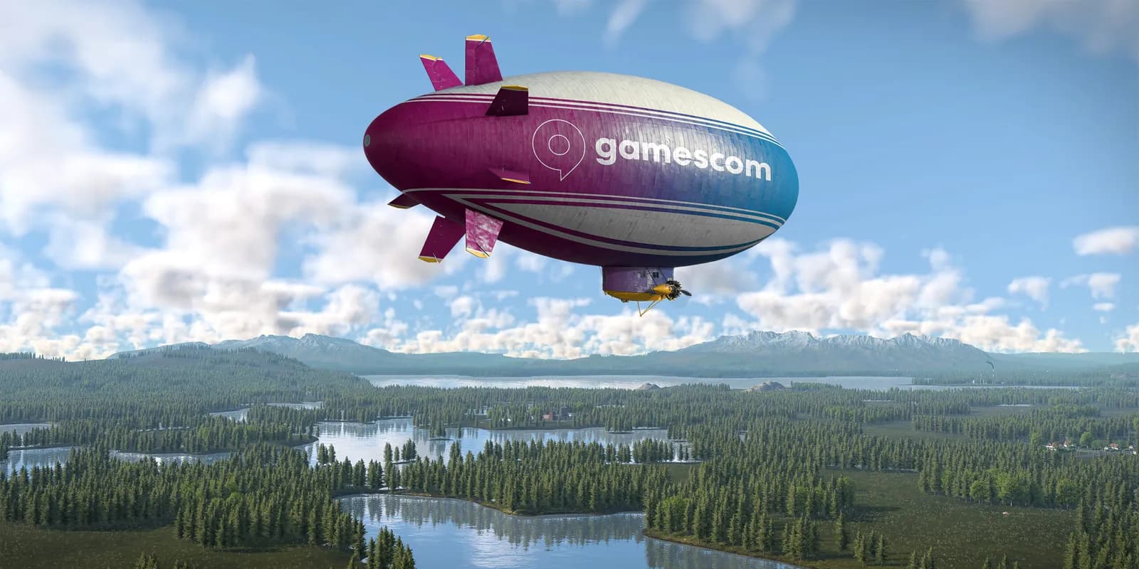 Dirigível da gamescom sobre lagos e florestas